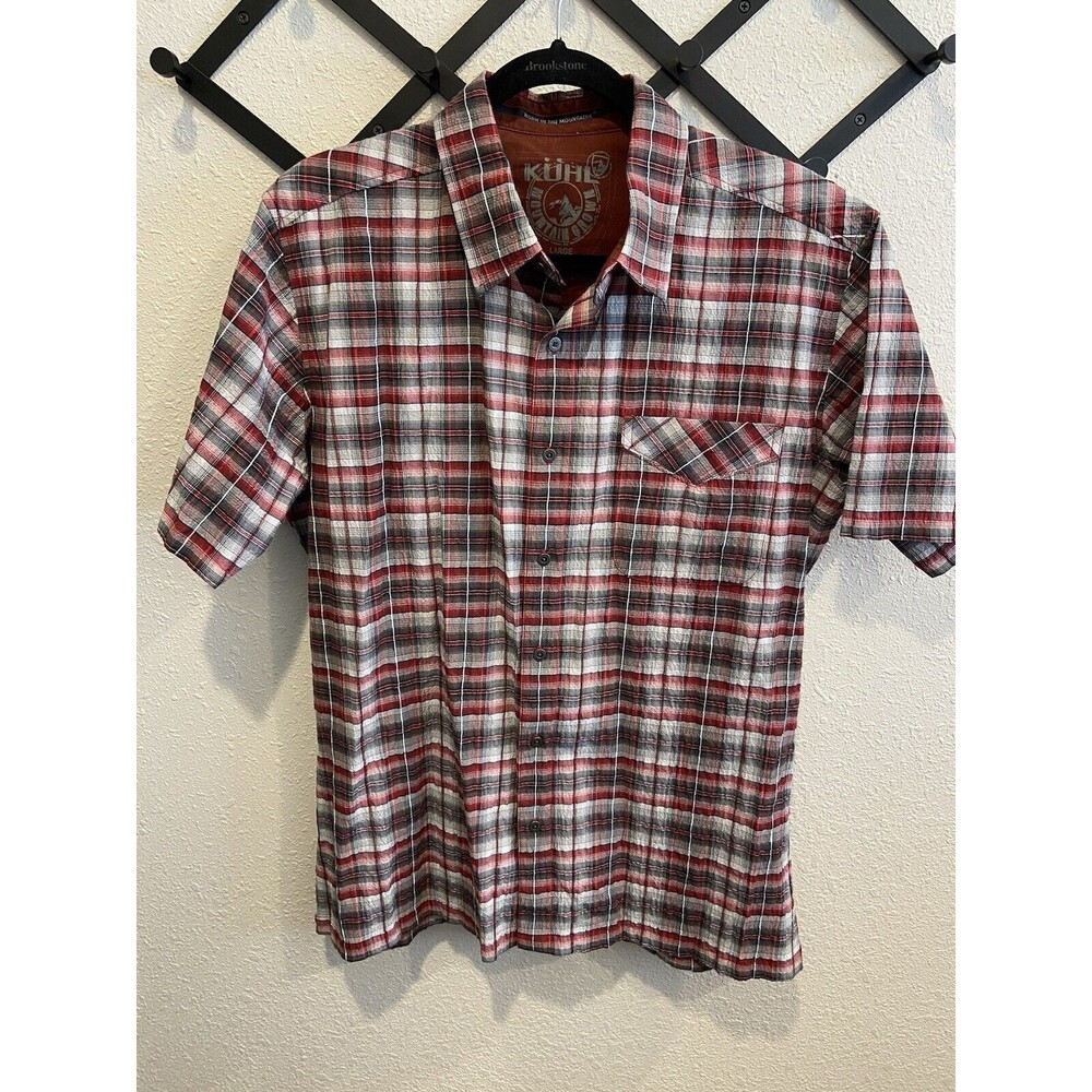 Kuhl Red Plaid Button Shirt Men's Large Short Sleeves Cotton Blend